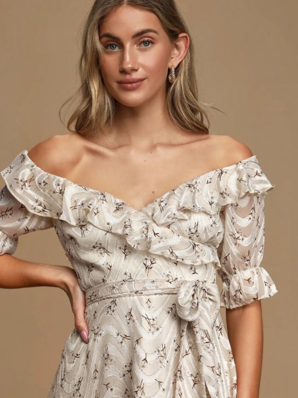 NWT Lulus Sunny Meadows Cream Floral Print Ruffled Mini Dress (size S) - Picture 3 of 9
